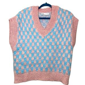 Zara Knit Sweater Vest Wool Blend Pink Blue Sz S Relaxed V Neck Checkered Top